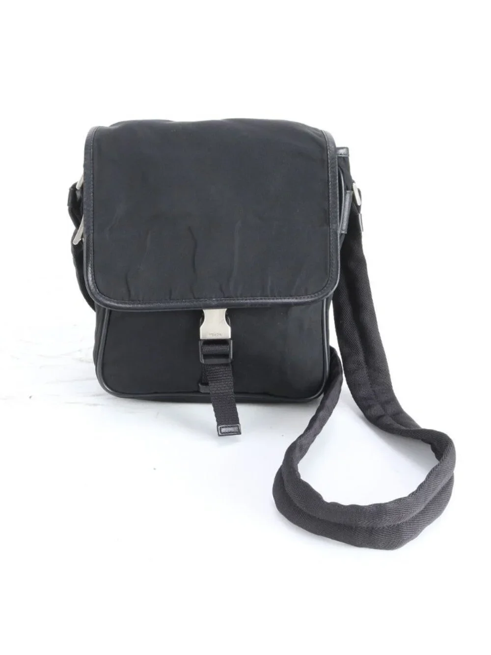 Prada Tessuto Nylon Triangle Logo Leather Shoulder Bag Crossbody Messenger Black